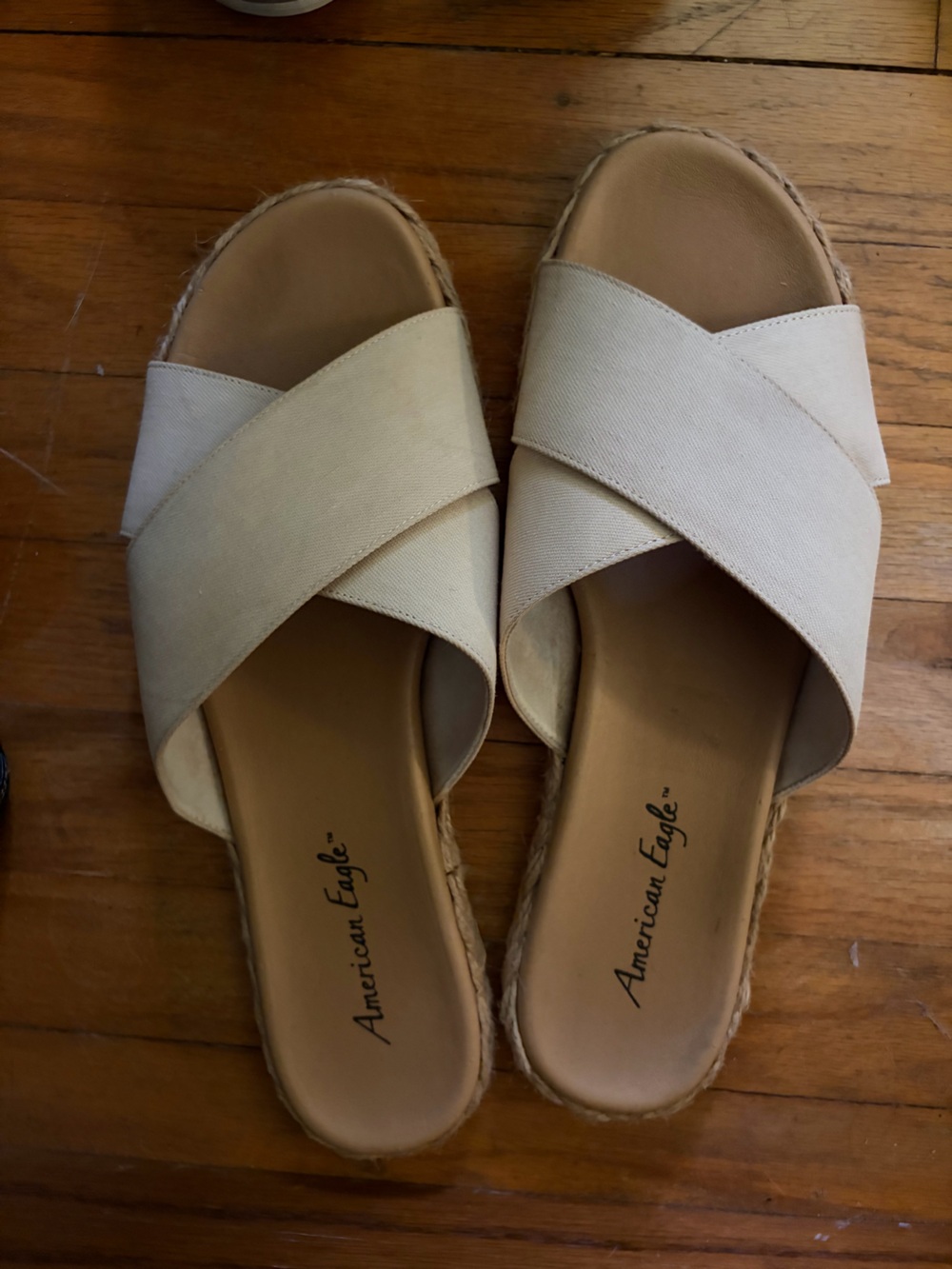 American Eagle Outfitters Tan-Cream Crisscross Slide Sandals